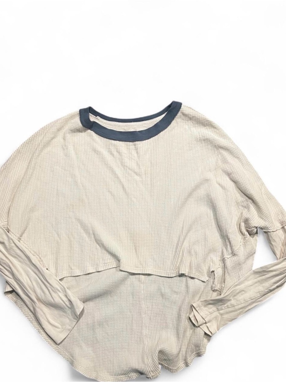 Light Beige Long Sleeve waffle Top with Navy Trim cropped front longer in back